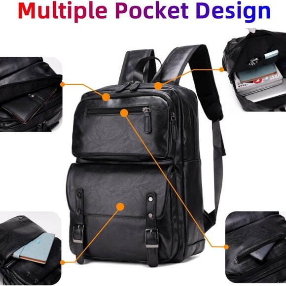 PU Casual Backpack，Men's casual Leather laptop backpack，Daily commuter leather b - Picture 6 of 9